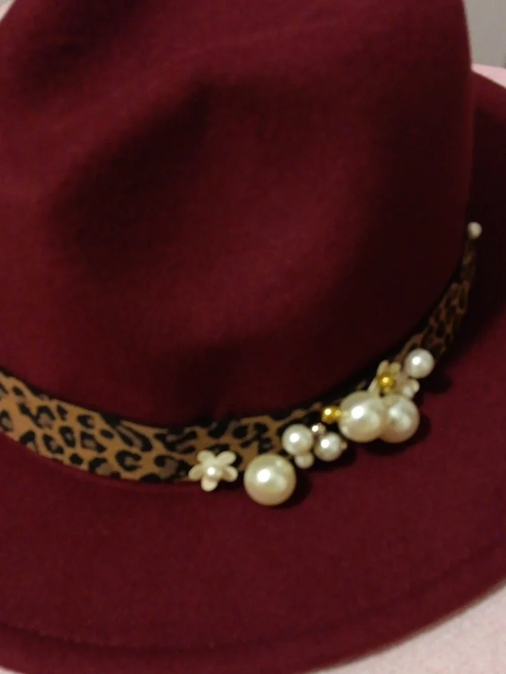Women’s Burgundy Felt Fedora with Leopard Band and Pearl Accent